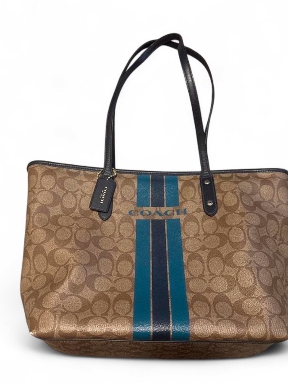 Coach Brown Signature Canvas Tote with Teal and Navy Stripes